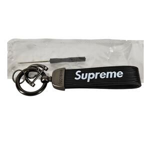 SUPREME KEYCHAIN BLACK STRAP WHITE LOGO & SILVER TONE METAL RING + SCREWDRIVER